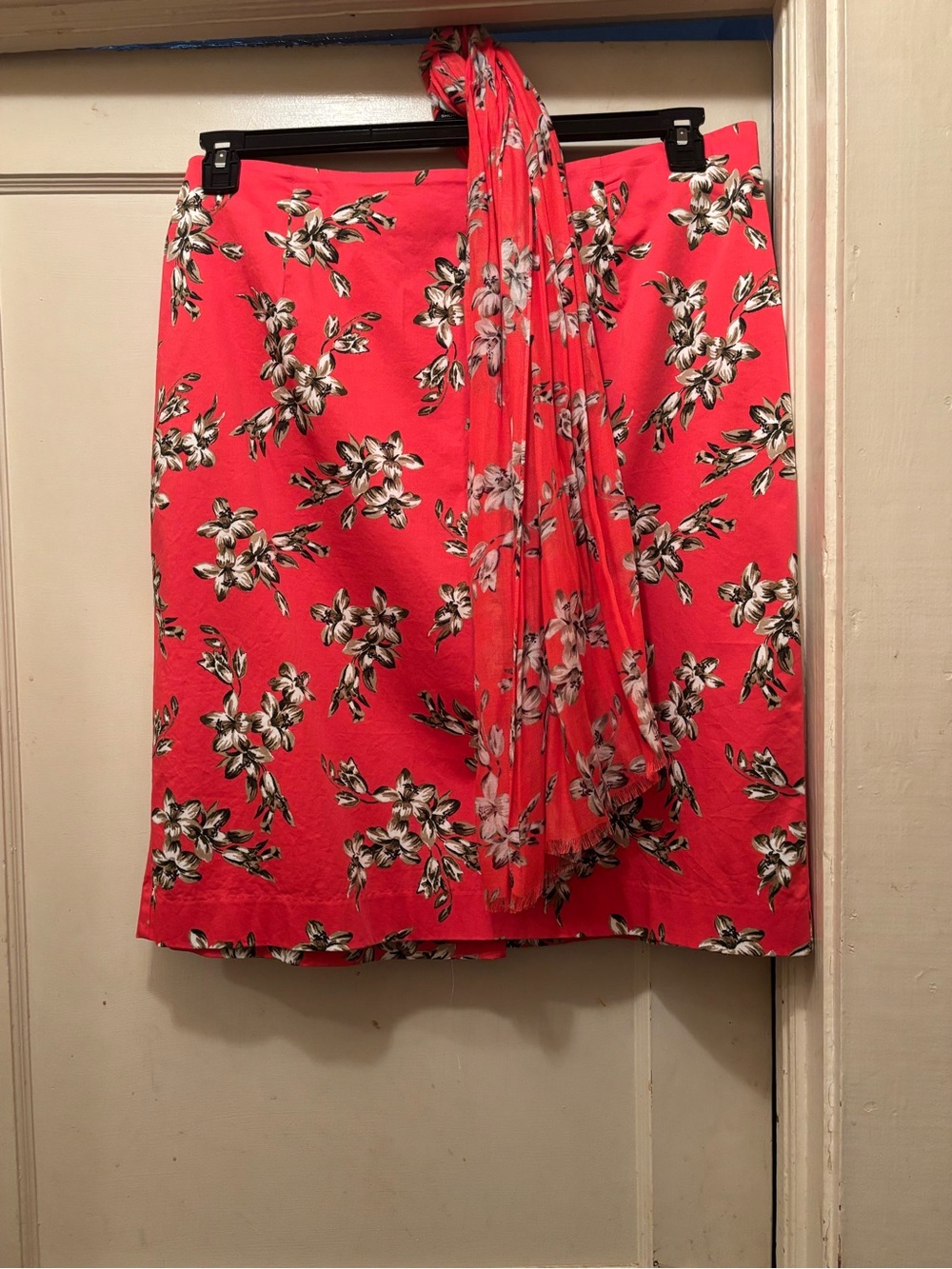 Talbots Coral Floral Midi Skirt with Scarf